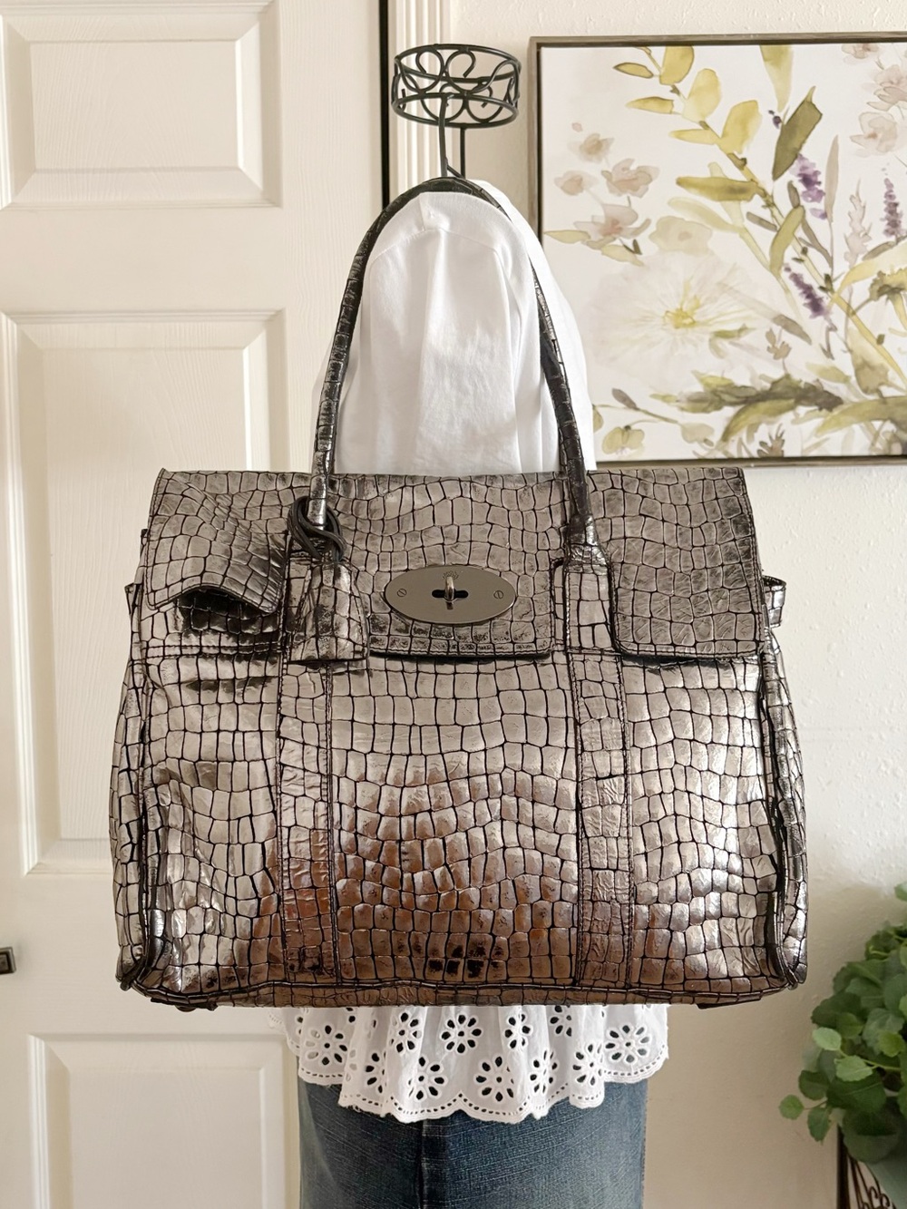 Mulberry Bayswater Metallic Croc Embossed Leather Tote Bag – Silver